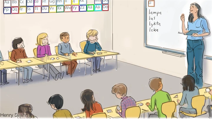 Elever i ett klassrum och lärare framme vid tavlan.