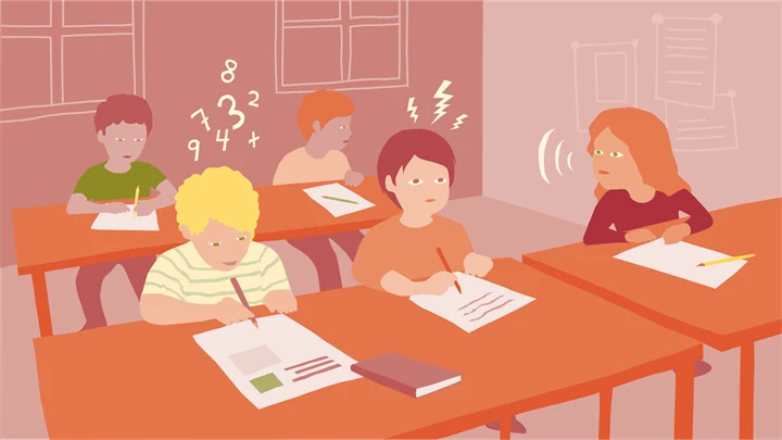 Illustration av del av klassrum med fem unga elever. Två elever jobbar koncentrerat medan de andra tittar bort, tittar rakt fram med blixtar ovanför huvudet, eller pratar med de andra.