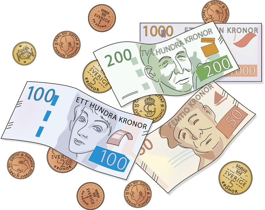Svenska sedlar och mynt. Illustration: Henry Svahn