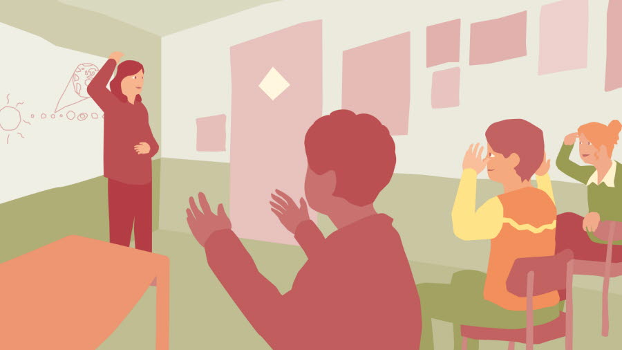 Illustration av tre elever och en lärare