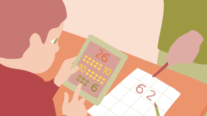 Illustration av en elev som räknar med ental och tiotal på en padda