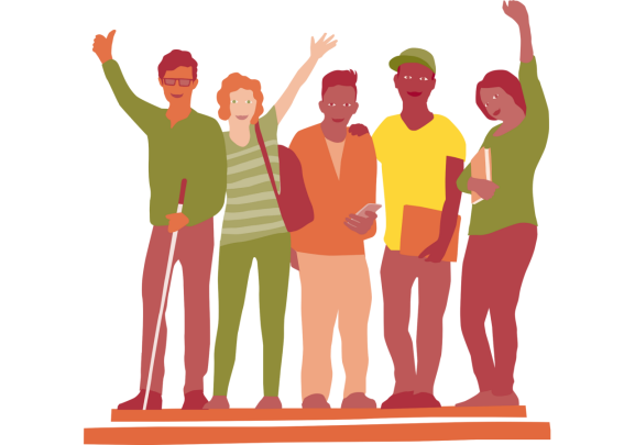 Illustration av fem ungdomar som ståt tillsammans och sträcker ut armarna