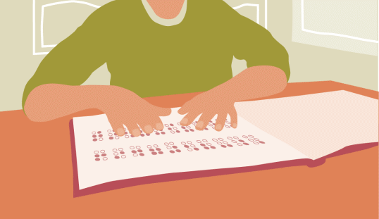 Illustrationen visar en elev som läser braille