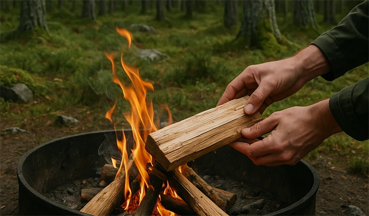 En person lägger ved på en brasa i en eldstad ute i skogen.