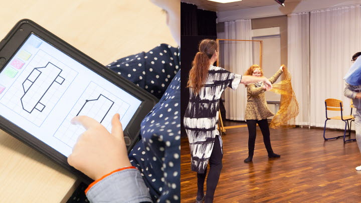 Två bilder som ska illustrera estetisk verksamhet. Bilden till vänster visar en elev som ritar en bil på en surfplatta. Bilden till höger visar två elever och en lärare som dansar med sjalar.