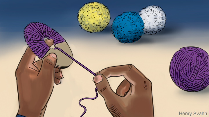 Bild på hur man gör en höstmobil samt fyra olika garnnystan som ligger på ett bord.