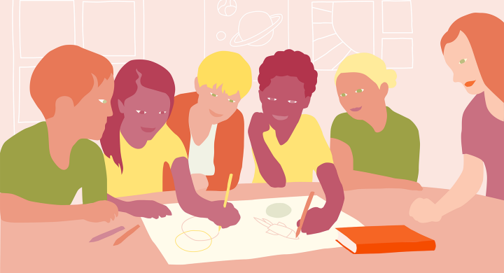 Illustration av fem elever och en lärare som jobbar tillsammans med ett stort papper på bordet framför dem.