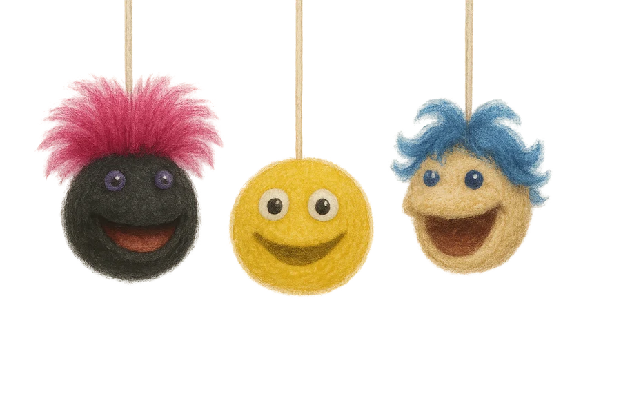 Illustration av tre tovade bollar som liknar ansikten