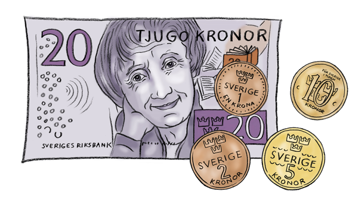Illustration av en tjugokronorsedel, en enkrona, en tvåkrona, en femkrona samt en tiokrona.