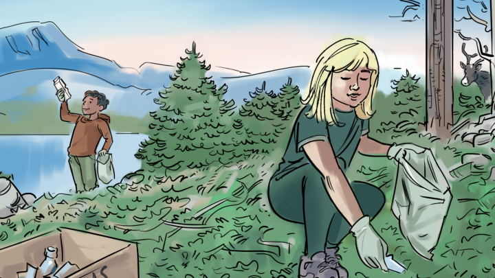 Barn plockar skräp ute i naturen.