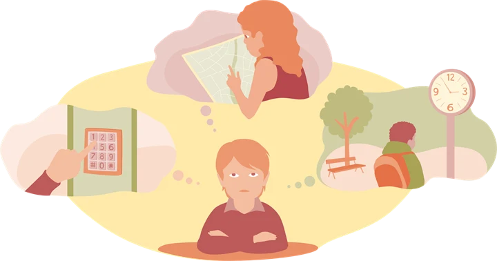 Illustration av en elev med tre tankebubblor runt sig. I den första syns en knappsats för portkod, i den andra en person som läser en karta, och i den tredje en person framför en klocka.