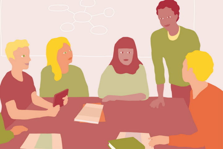 Illustration av fem personer som har ett samtal vid ett stort bord.