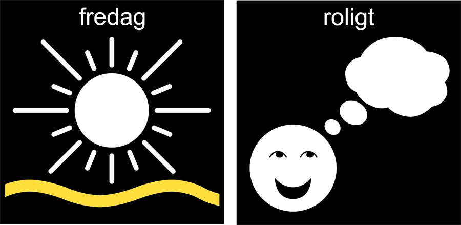 Pictogrambilder: En för fredag med en sol. En för roligt, en glad gubbe med tankebubbla.