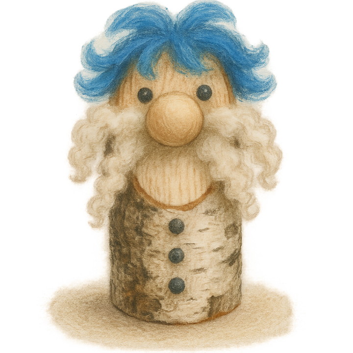 Bild på träfigur med blått hår och långt skägg