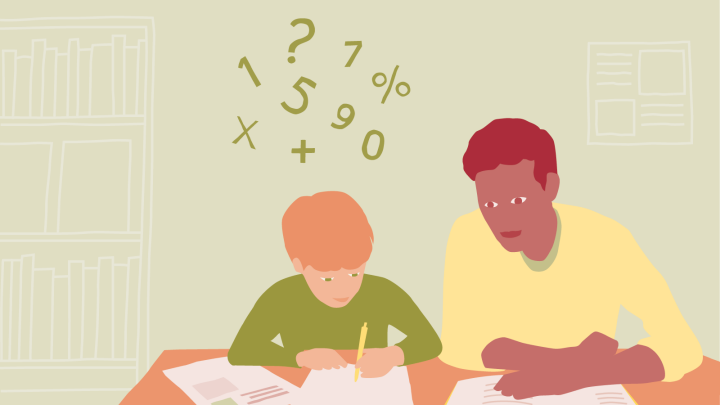En elev och en vuxen sitter vid ett bord och räknar. Ovanför huvudet på eleven syns siffror och räknetecken.