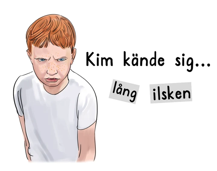 Illustrationen föreställer en pojke, han tittar argt framåt. Till höger om pojken är en text som lyder 