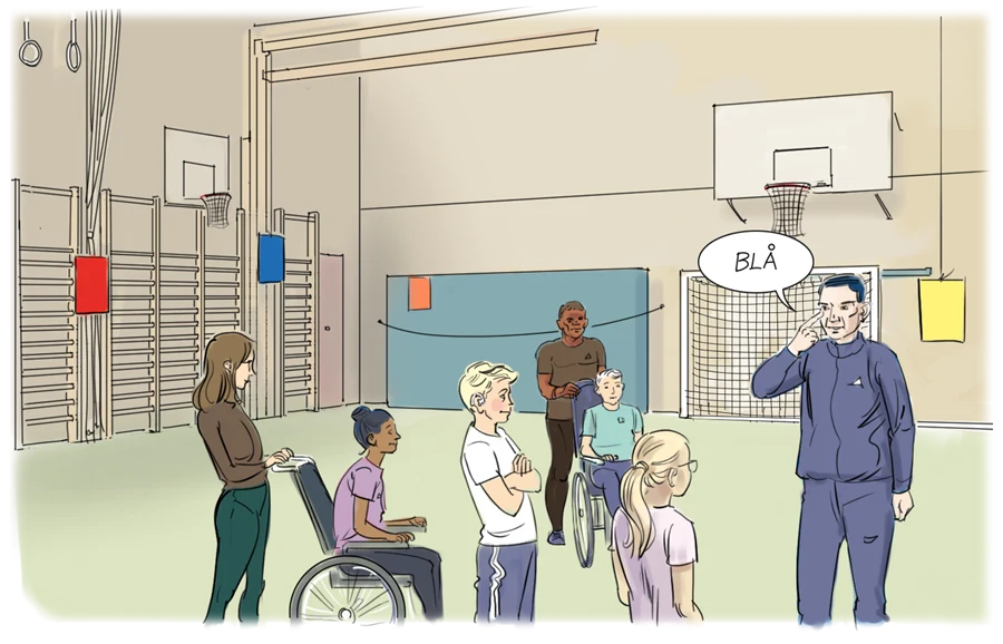 Elever i en idrottssal med färgade lappar uppsatta på väggarna. En lärare som säger blå.