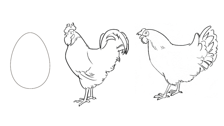 Illustration av ett ägg, en höna och en tupp