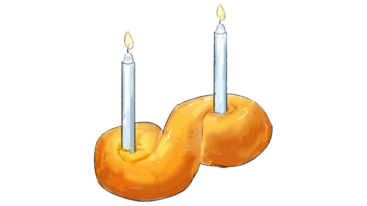 Illustration av en lussebulle med två små, brinnande ljus i.