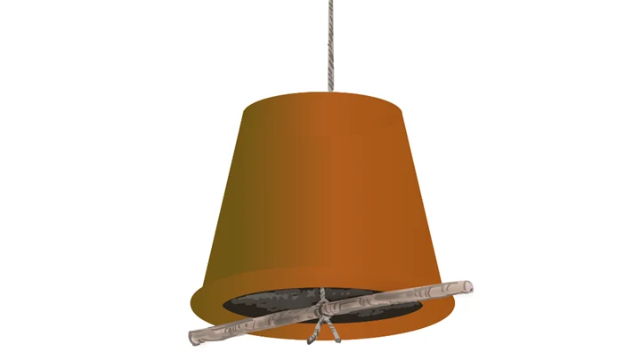 Illustration  av en fågelmatinstallation gjord av en kruka hängandes upp och ner tillsammans med en pinne och ett snöre.