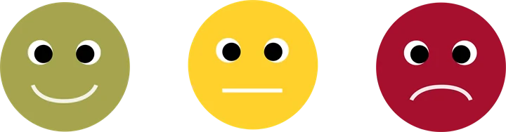 Illustration av en grön glad emoji, en gul neutral emoji, och en röd sur emoji.