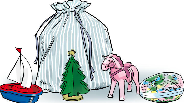 Bild på en tygpåse. Framför står det en små leksaker som föreställer en båt, julgran, häst samt ett påskägg.