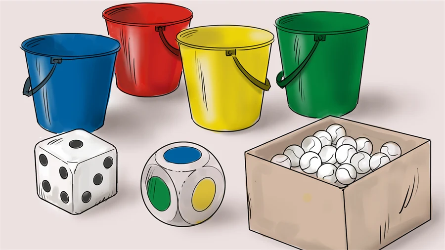 hinkar i olika färger, bollar i en låda och tärningar.