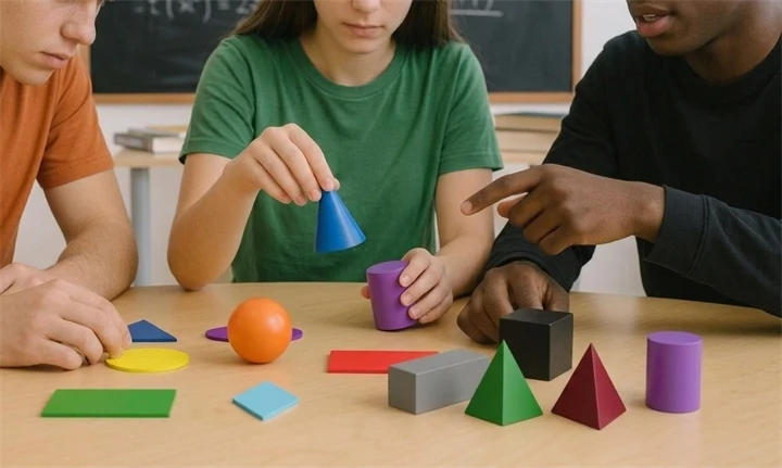 Elever som sorterar geometriska former efter egenskaper och färg.