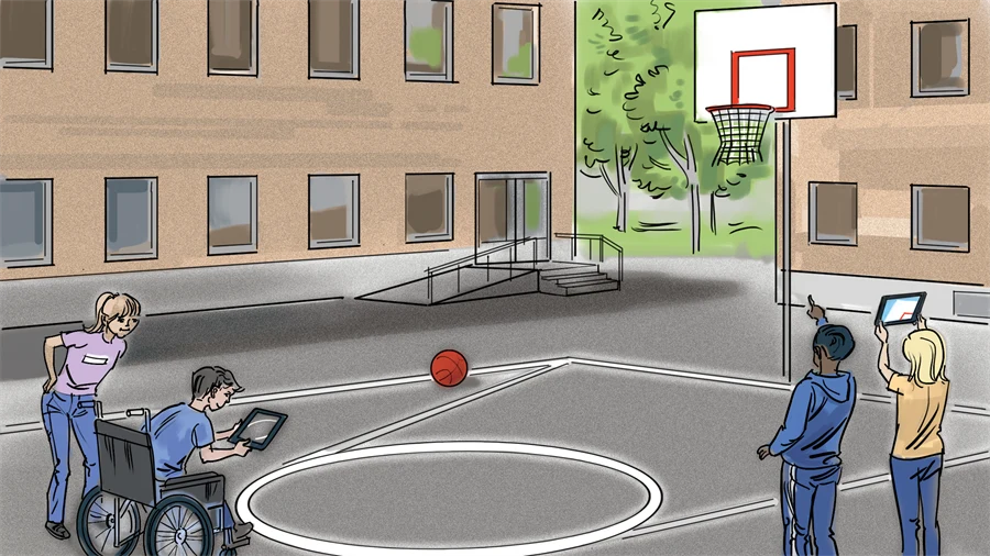 Illustrerad bild av barn på en skolgård som pekar på en basketkorg