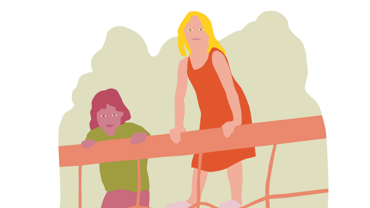 Illustration av två flickor som hänger på ett staket
