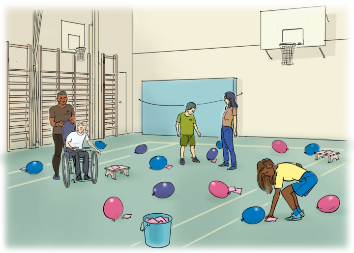 Barn som plockar ballonger från golvet i en idrottsal.
