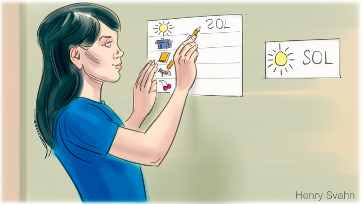 kvinna framför en vägg som skriver på ett papper.