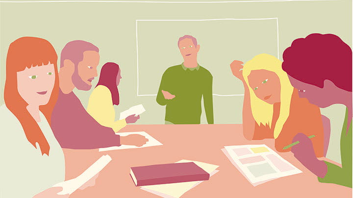 Illustration: Bild från ett möte. Några arbetar tillsammans vid bordet. Några diskuterar.