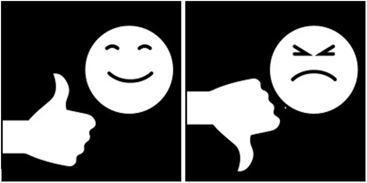 pictogram som visar tumme upp och tumme ner med glad respektive arg gubbe.