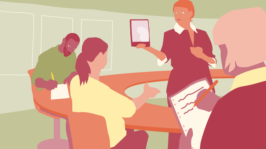 Illustration av fyra personer som sitter vid ett runt bord i ett klassrum