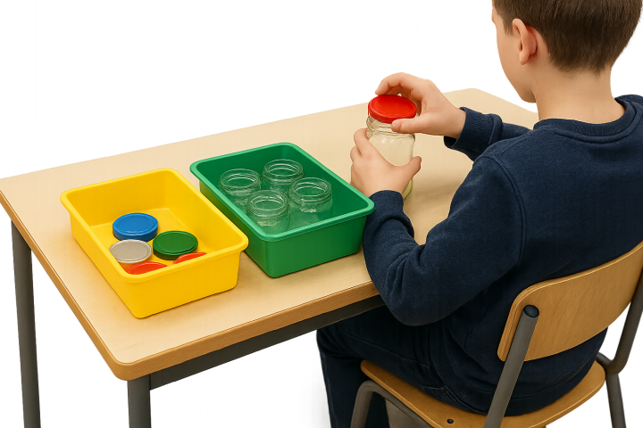 Pojke testar vilka lock som passar till en burk.