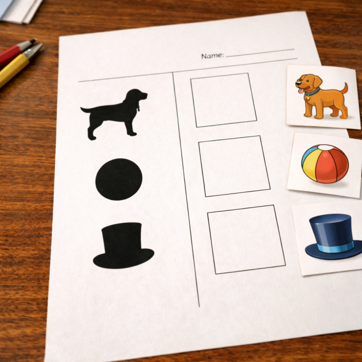 Bild på arbetsmaterial på siluetter samt bilder som passar siluetterna