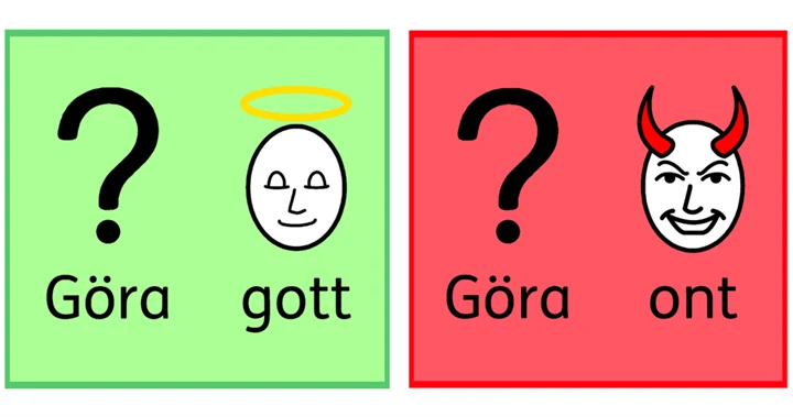 Bildstöd som representerar orden gott och ont. 
