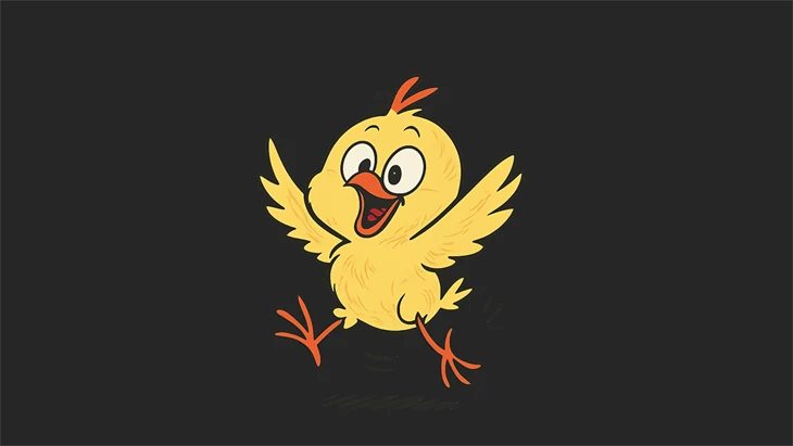 En glad tecknad gul kyckling hoppar med utsträckta vingar mot mörk bakgrund.