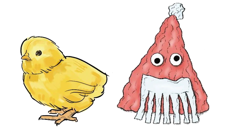 Illustration av en kyckling och en tomte