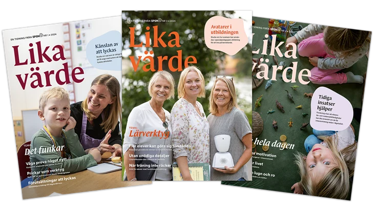 Framsidan av tre nummer av tidningen Lika värde.