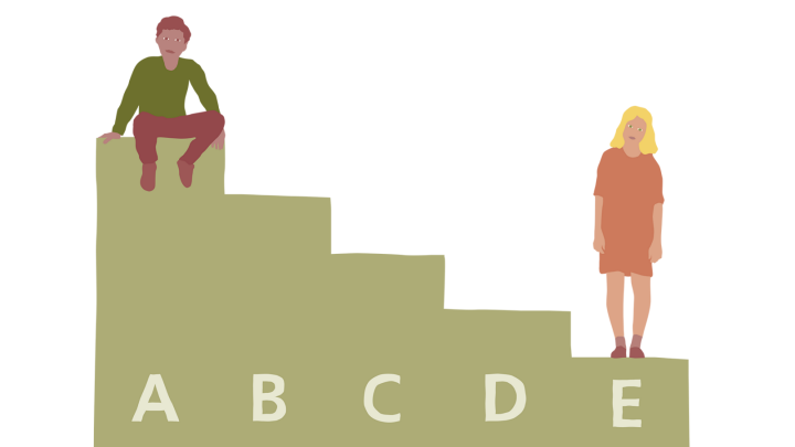 Illustrationen visar en grön trappa. Längst ner ser vi bokstäverna A till E. Ovanför bokstaven A sitter en pojke. Ovanför bokstaven E står en flicka.