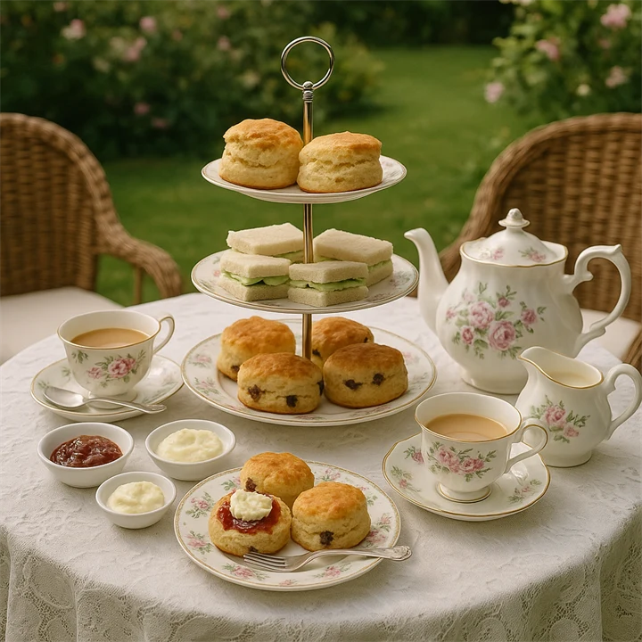 Ett dukat bord med ett klassiskt engelskt afternoon tea