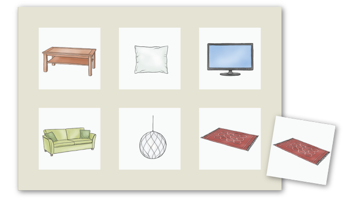 Illustrationer av ett soffbord, en soffa, en kudde, en taklampa, en tv och två mattor