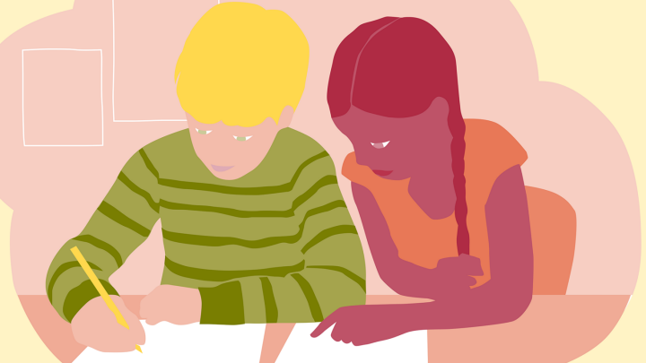 Illustration av två elever som sitter och arbetar tillsammans.