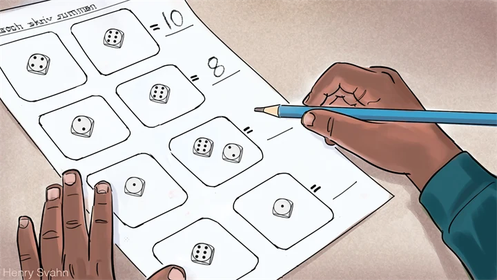 Illustrationen visar ett papper med en matematikuppgift. På bilden ser man två händer. Personen skriver olika tal med en penna i högra handen.  