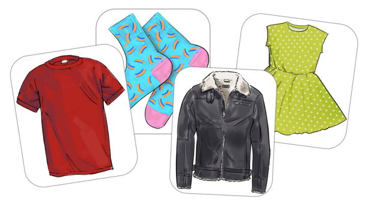 Pictogram: Kläder och engelska.